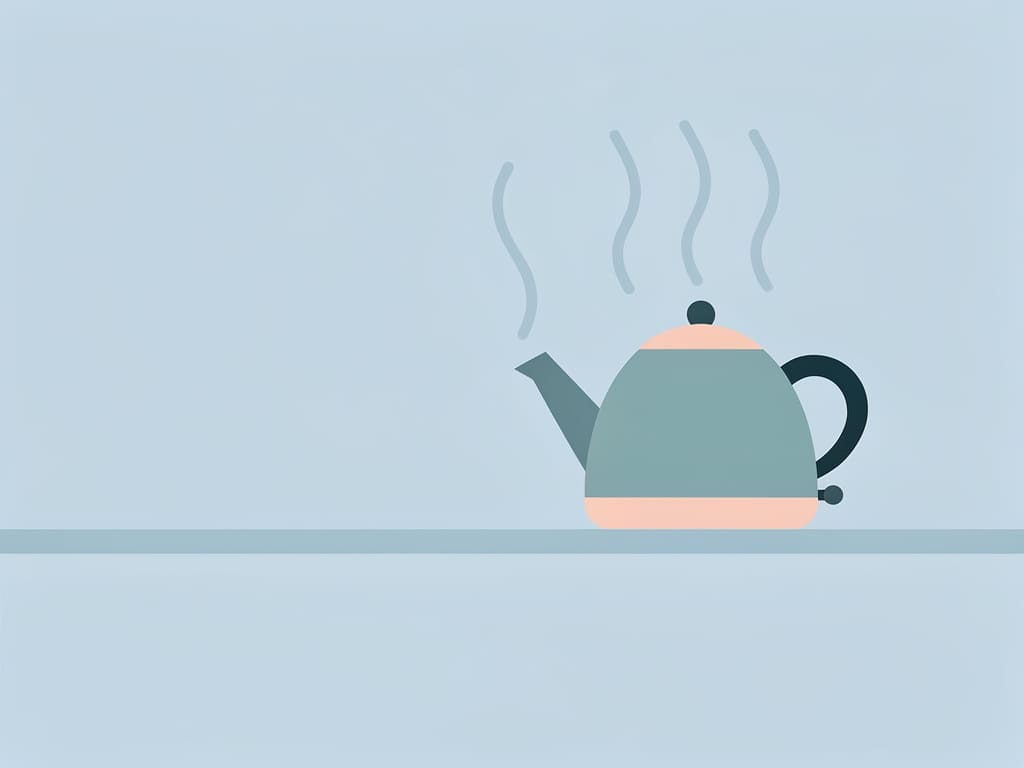Flat vector illustrated article cover: a simple rounded kettle shape on a long horizontal counter line with three soft c