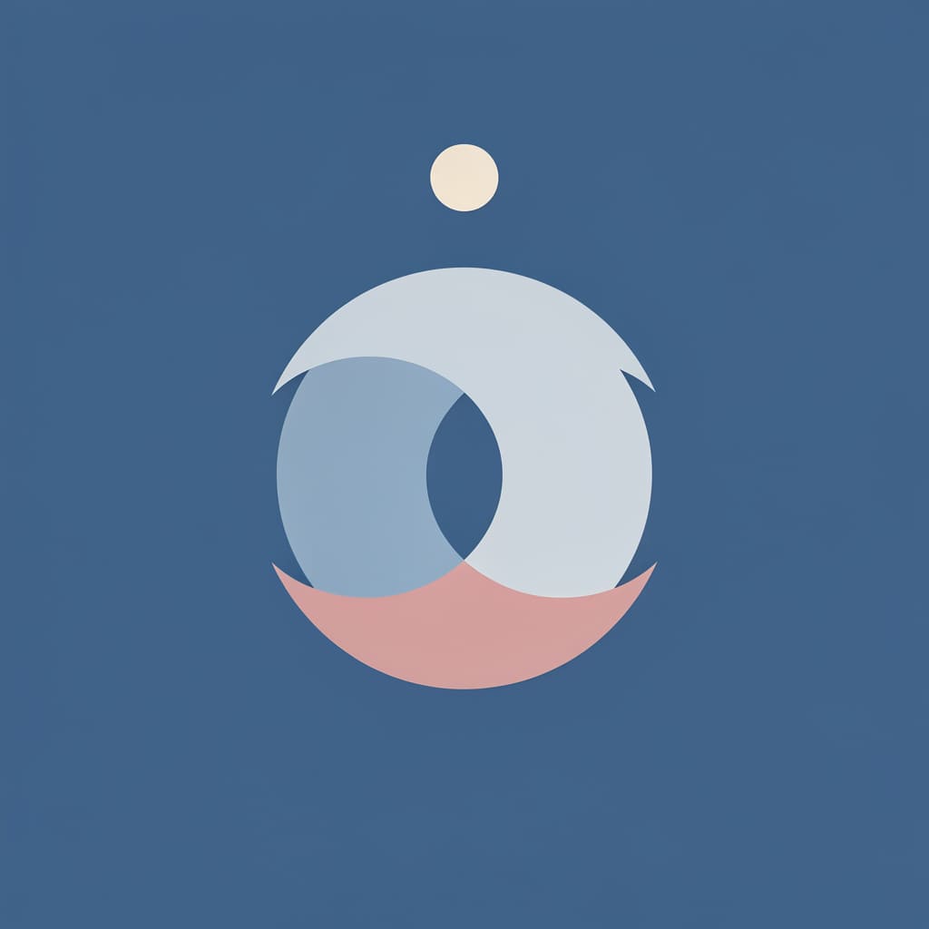 Flat vector illustrated article cover: two curved crescent shapes nested gently together on a deep blue night field bene