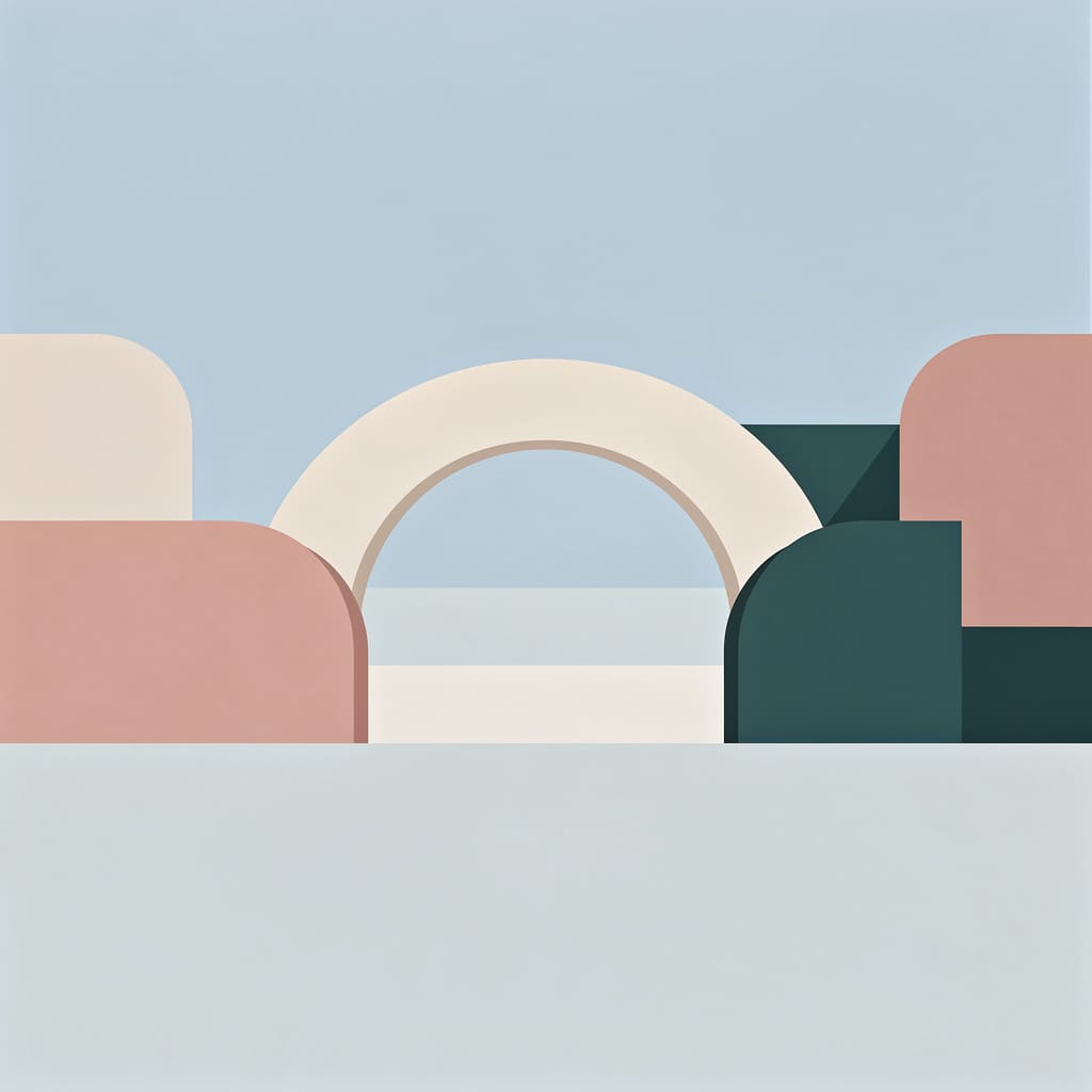 Flat vector illustrated article cover: a single low smooth arch spanning between two rounded blocks above a pale horizon