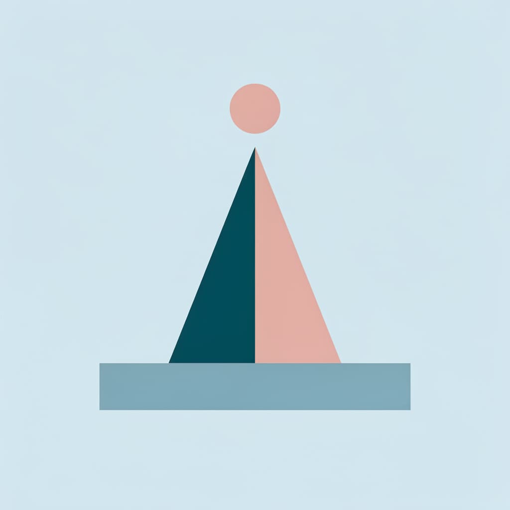 Flat vector illustrated article cover: a tall narrow triangle resting on a wide flat rectangle base with a small round c